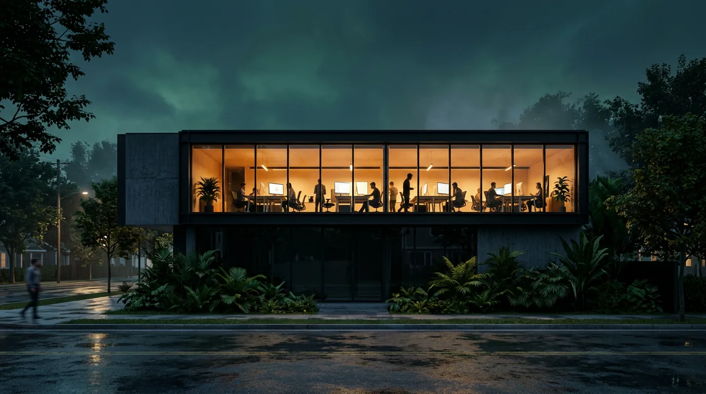 Gedung Organoo Studio saat senja, tim sedang bekerja di dalam